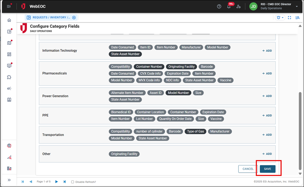 Configrue Category Fields page Save button