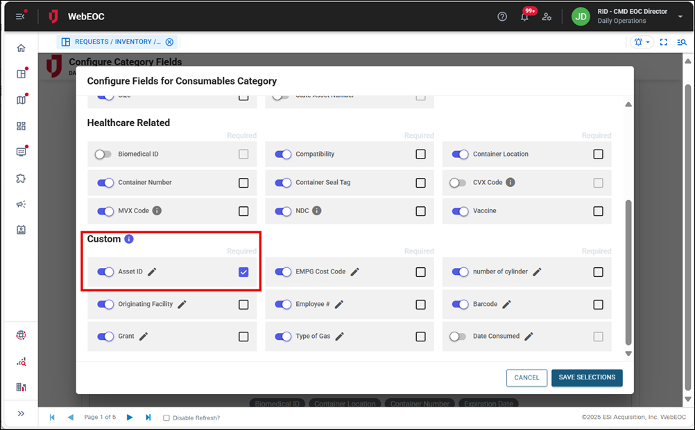 Configure fields Custom Fields section