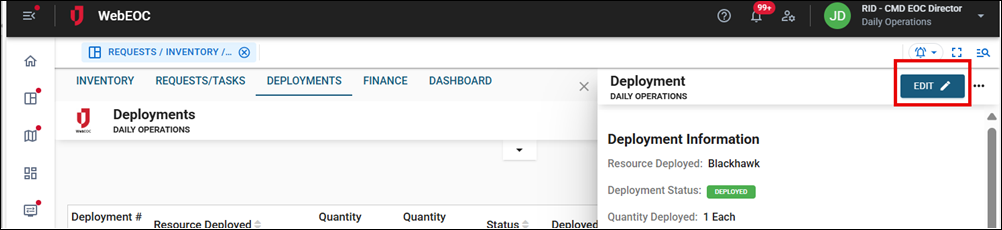 Deployments page Edit button