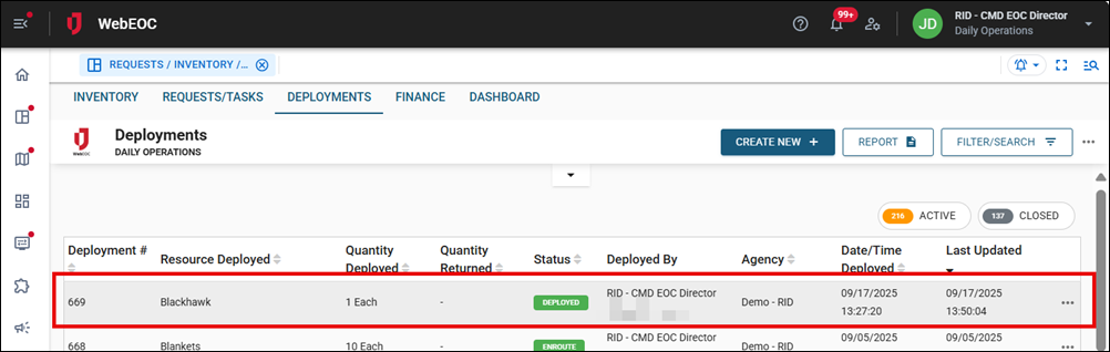 Deployments tab with new deployment displayed