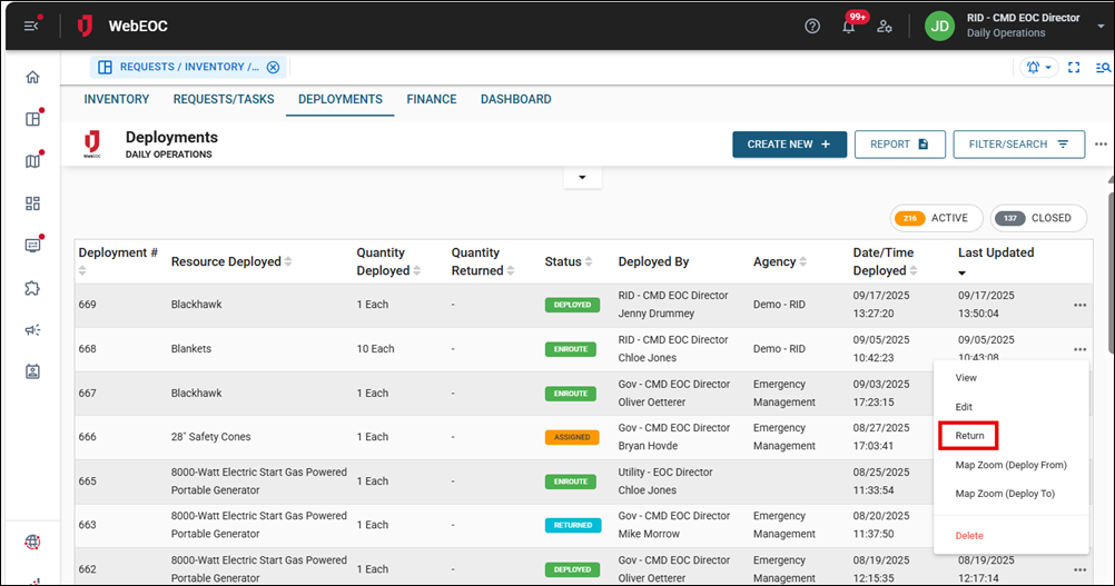 Deployments tab Retrun option