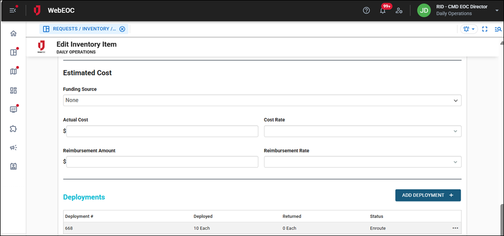 Edit Inventory Item page Estimated Cost section