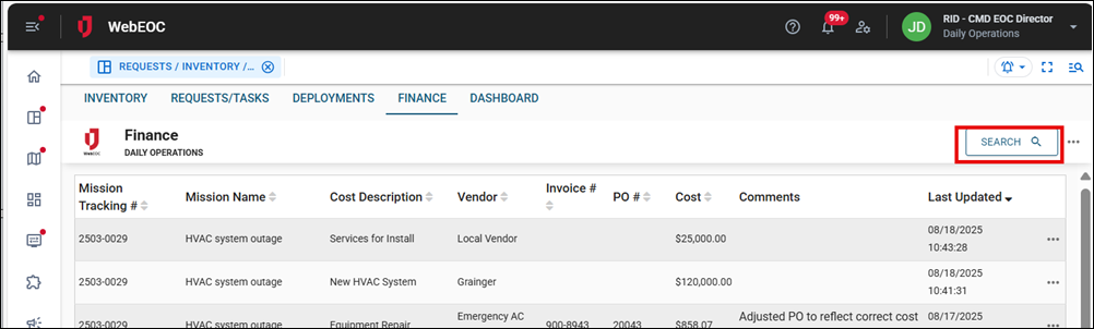 Finance tab search button