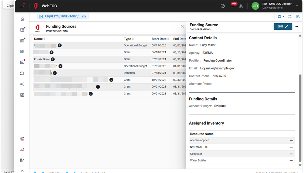 Funding Sources page details view