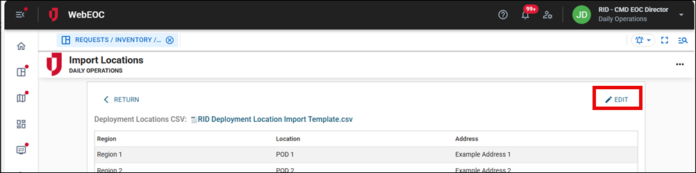 Deployments Import Locations Edit button