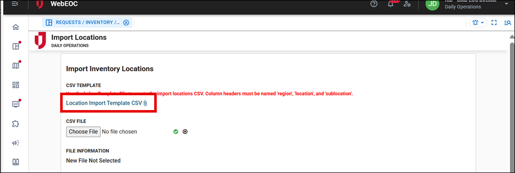 Import Inventory Locations download CSV link