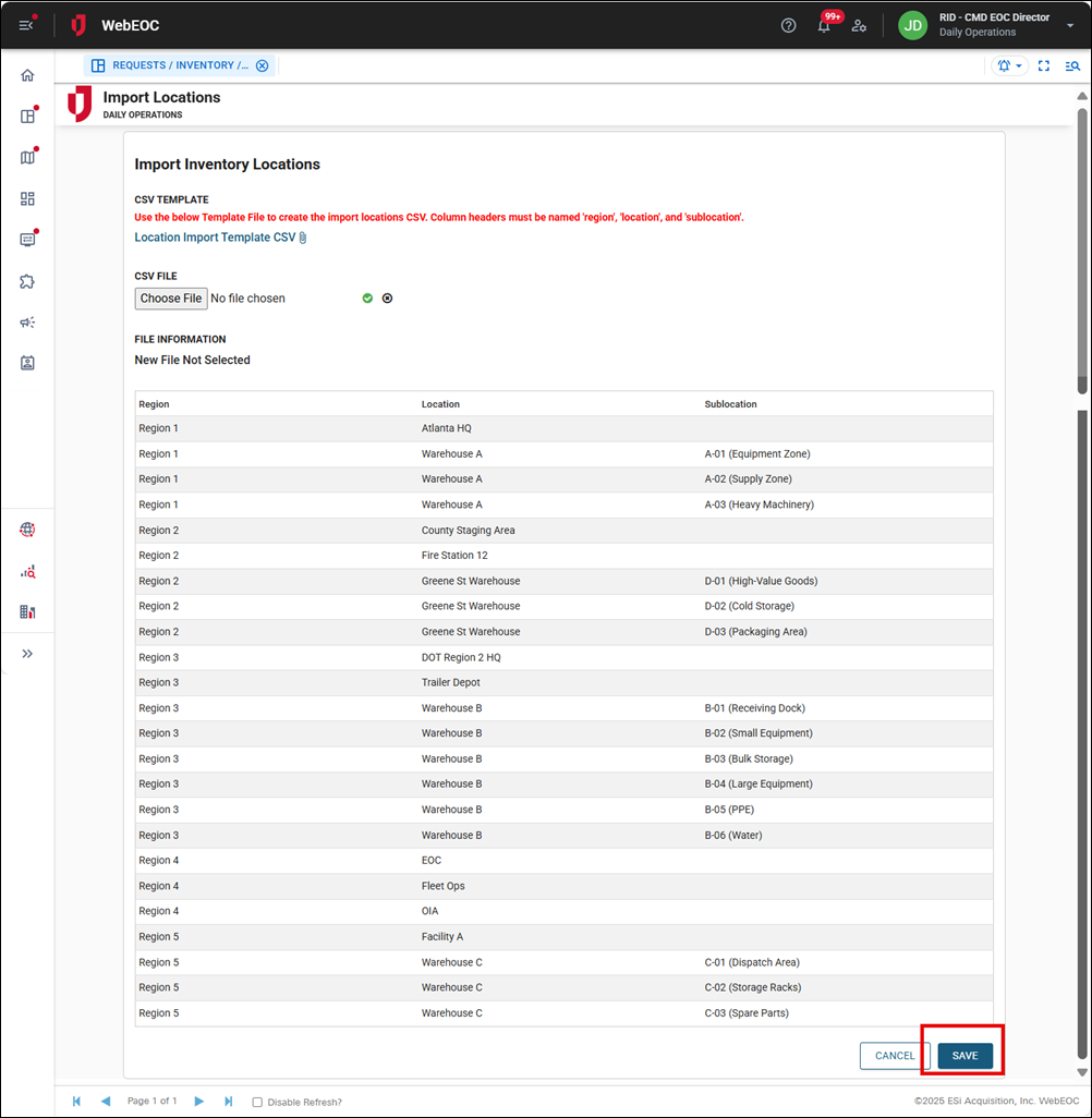 Import Inventory Locations page Save button