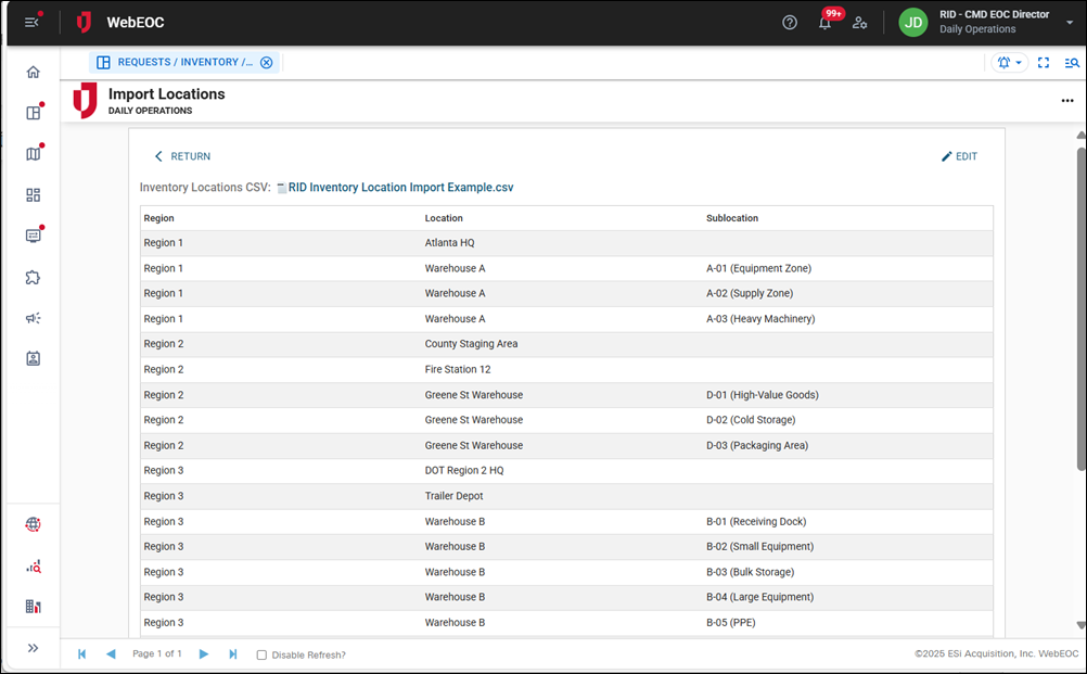 Import Locations page