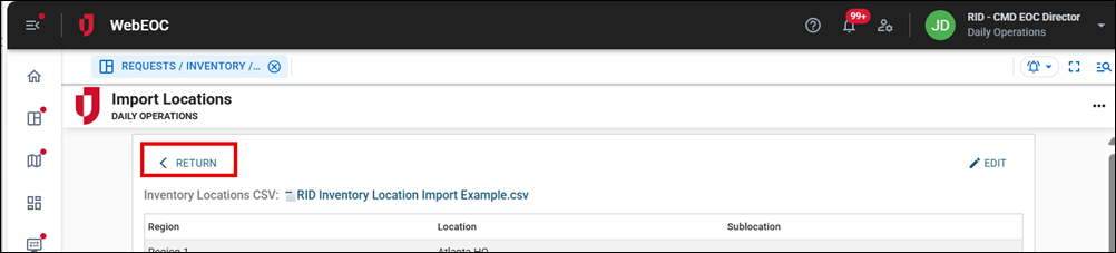 Import Locations page Return link