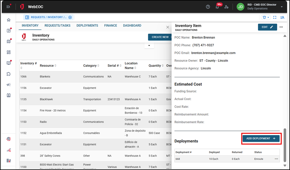 Inventory Item page Add Deployment button