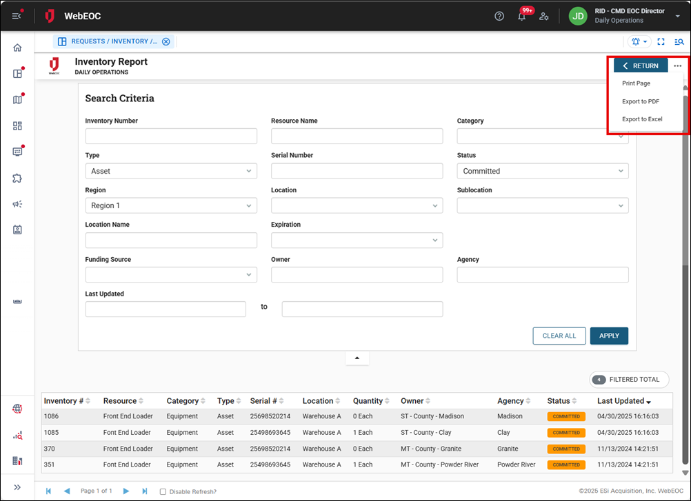 Inventory Report page