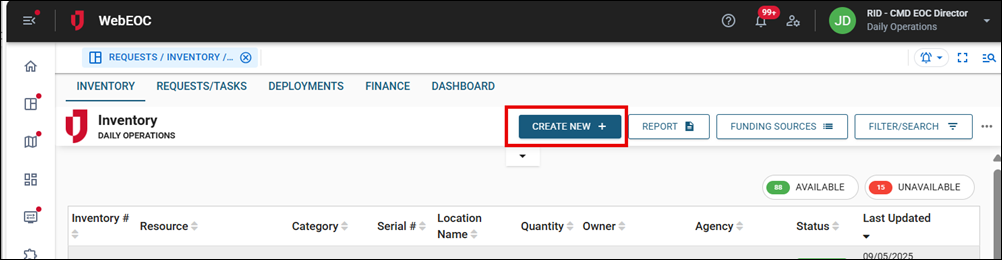 Inventory tab create new button