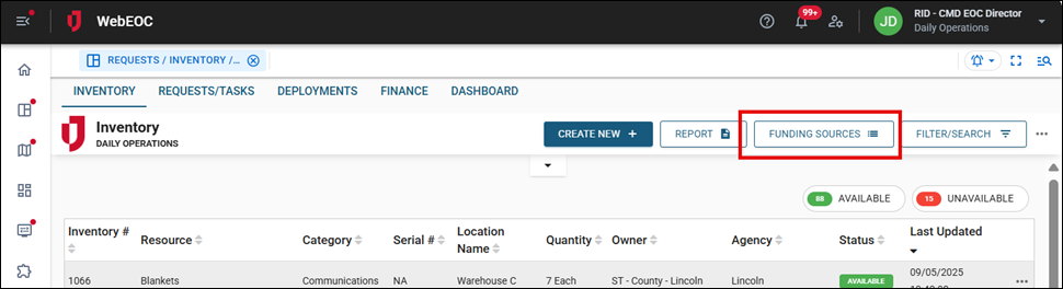 Inventory tab Funding Sources button.