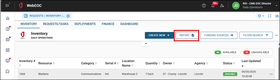 Inventory tab report button