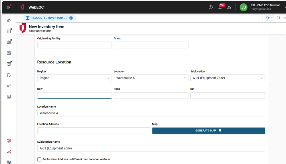 New Inventory Item Resource Location section
