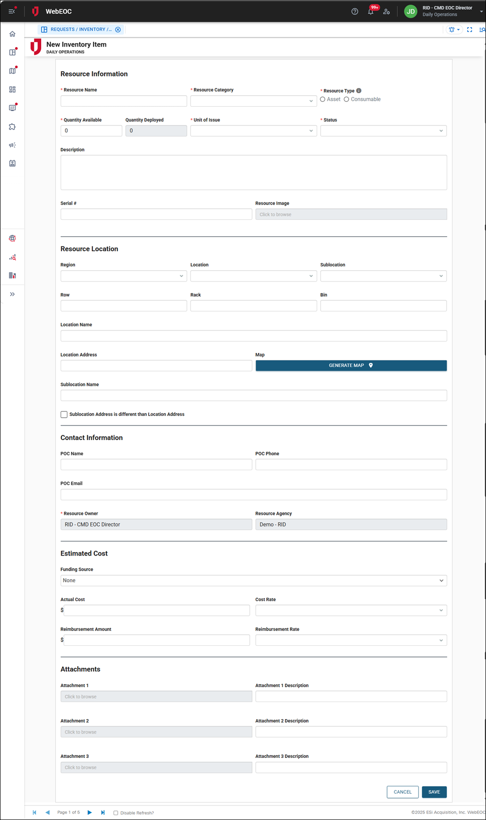 New Inventory Item page