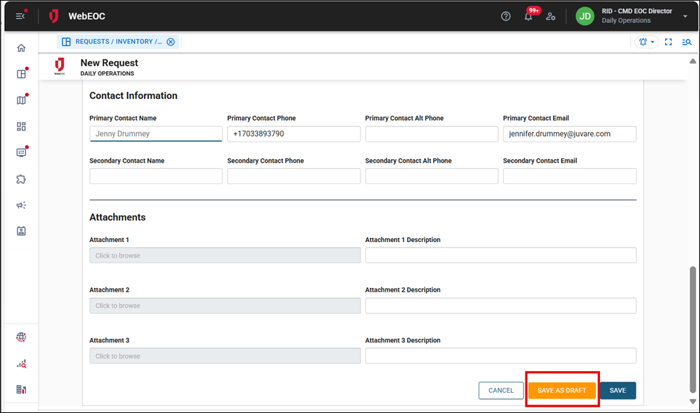 New Request page Save as Draft button