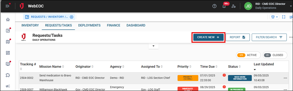 Requests Tasks page Create New button