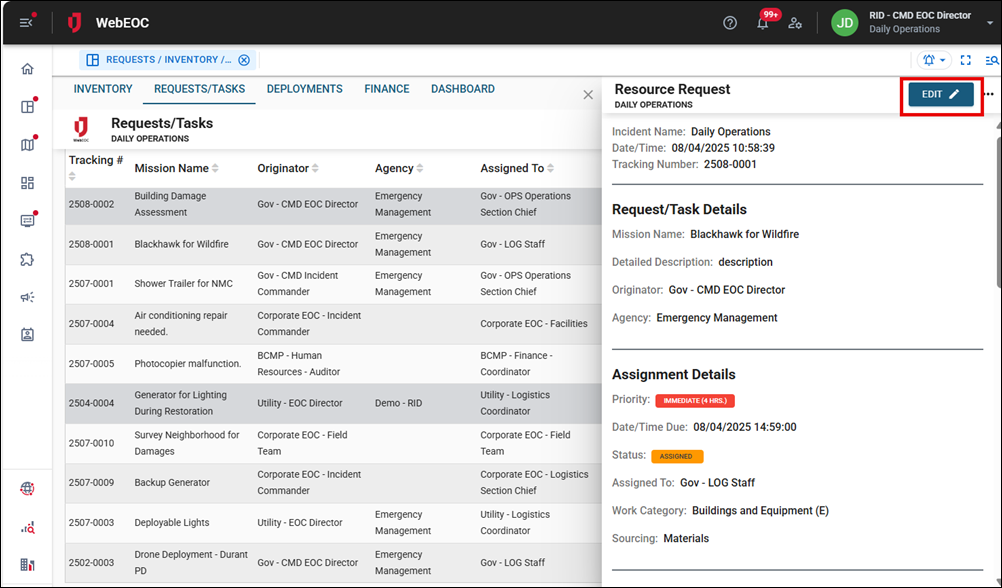 Resource Request page Edit button