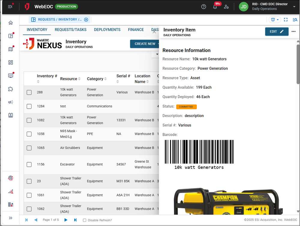 Inventory Item page with barcode