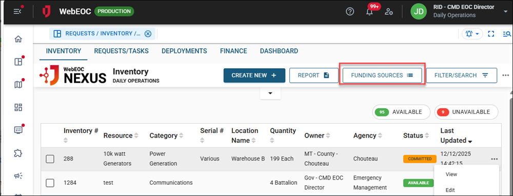 Inventory Tab Funding Sources button