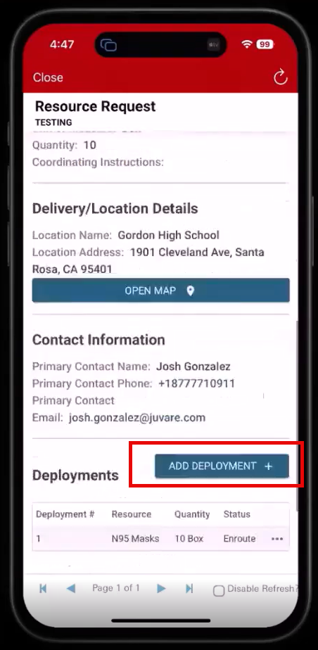 Resource request screen add deployment button
