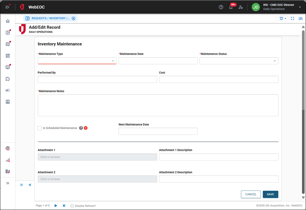 Inventory Maintenance Add Edit Record page