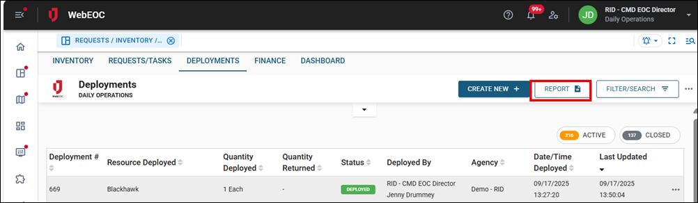 Deployments tab Report button