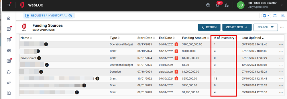 funding Sources page with invenory number