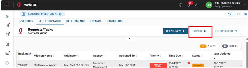 Request Task tab report button