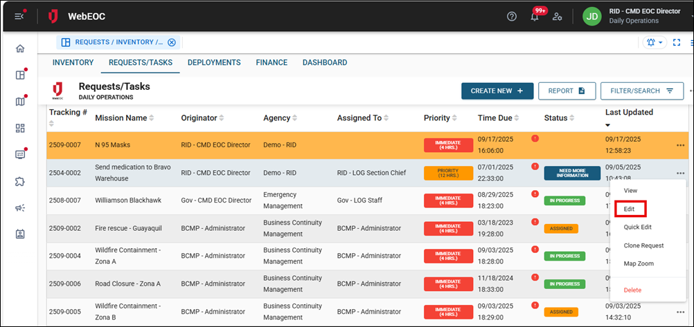 Requests Tasks Edit option