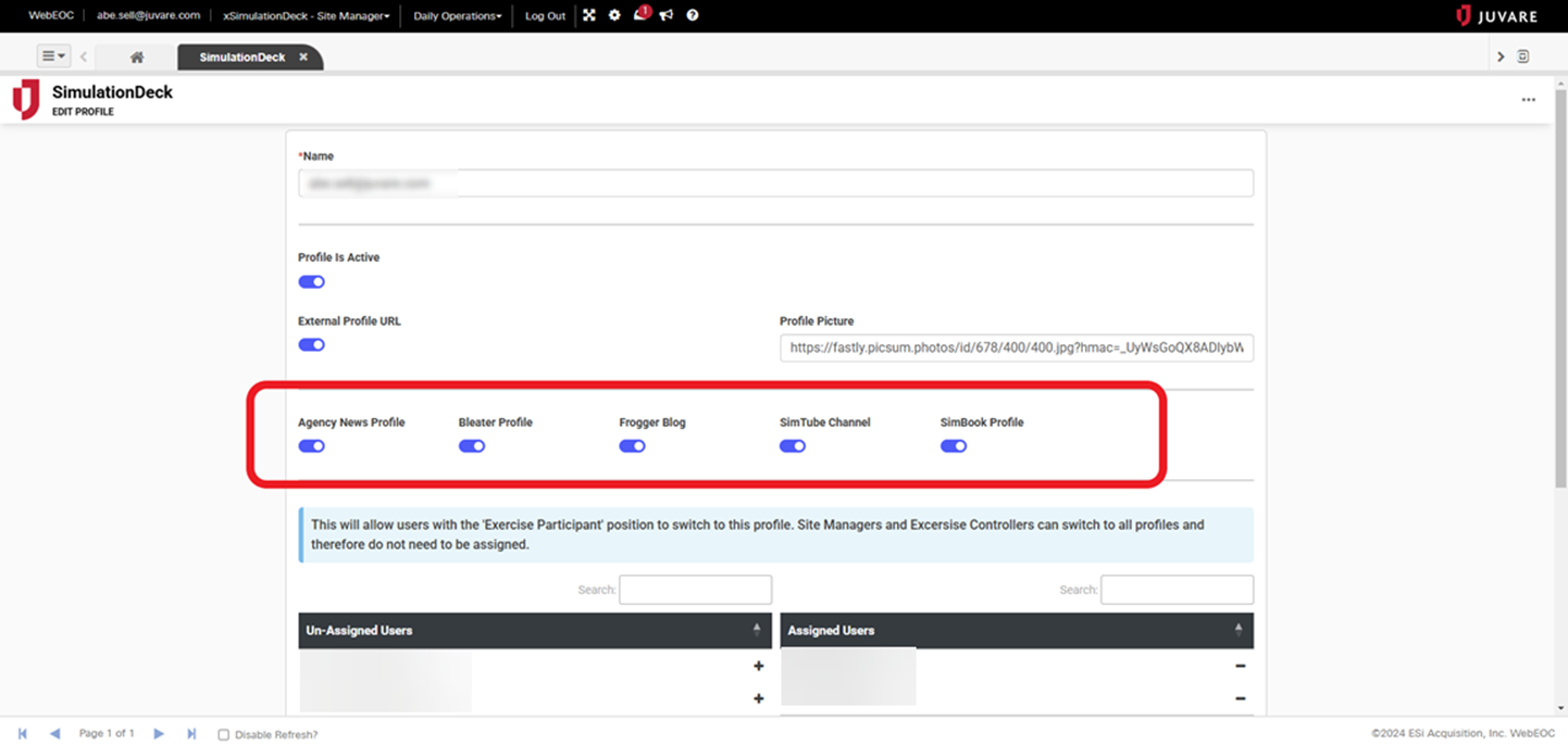 Simulation Desk Edit Profile page