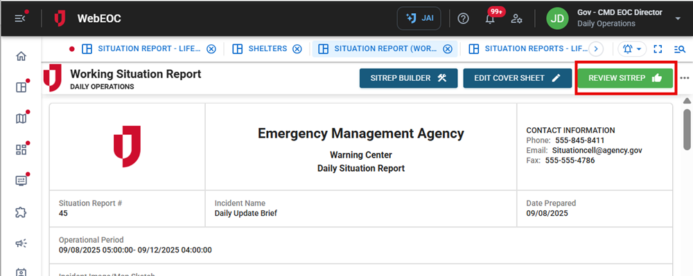 Review sit rep button
