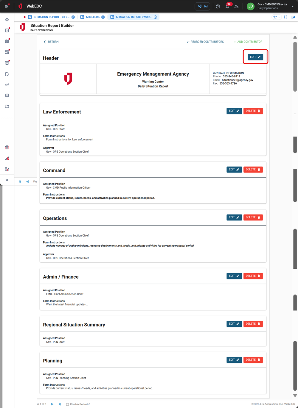 Sit Rep Builder Edit Header button