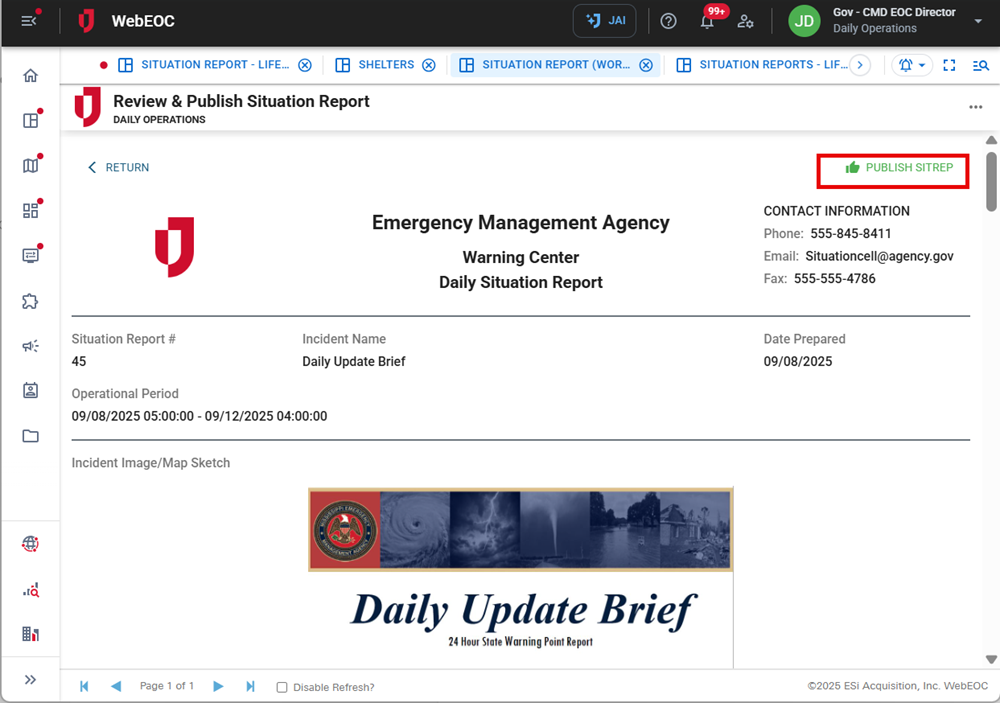 Publish sit rep button