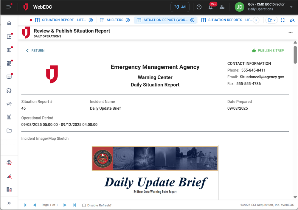 Sit Rep Reviewe and Publish page