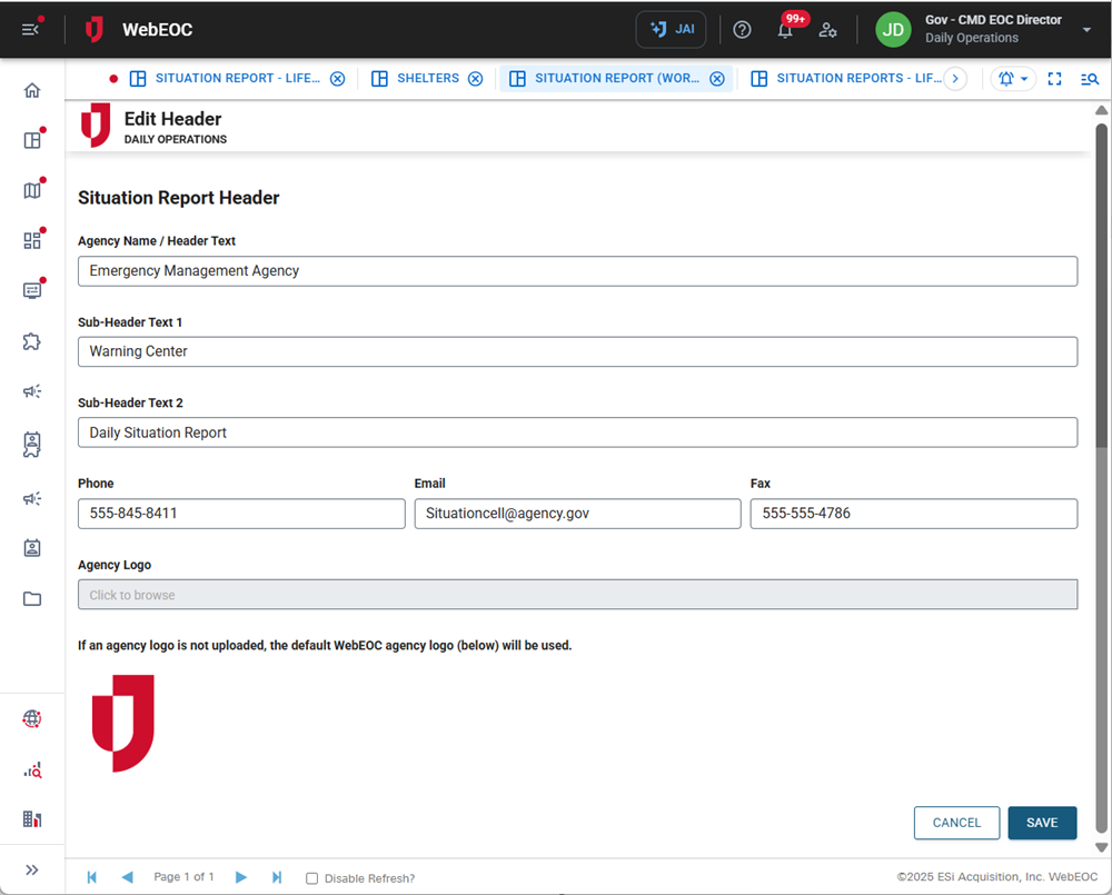 Editing the sit rep header