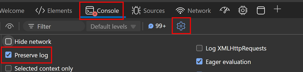 Preserve Log checkbox