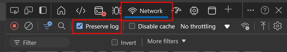 Network tab preseve log checkbox