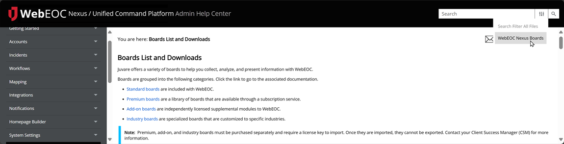WebEOC board search filter