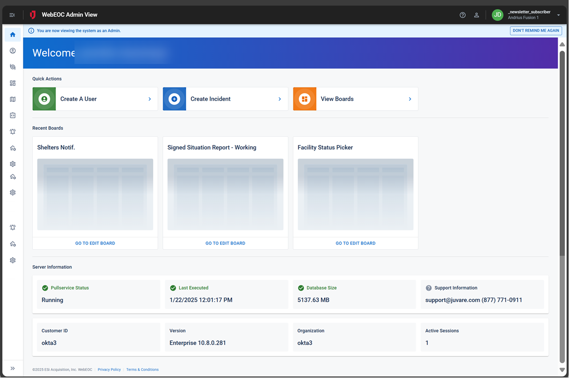 WebEOC Nexus Admin View Homepage Screenshot