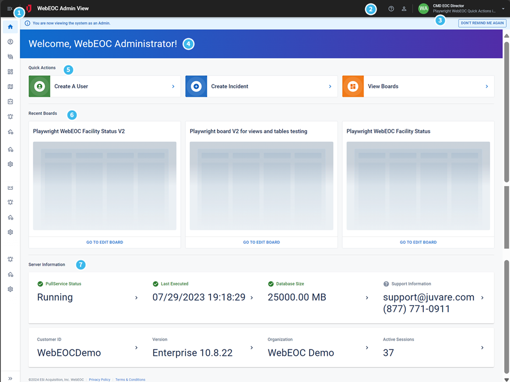 Admin View with numbers as described in following table