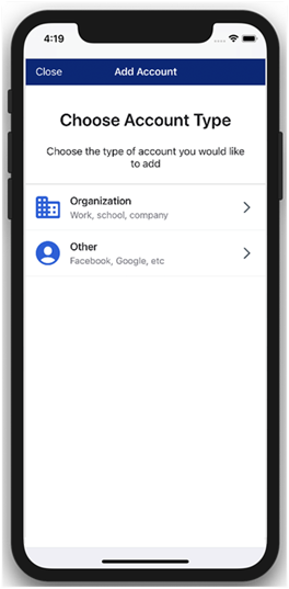 A screenshot of the Okta Verify Choose Account Type page