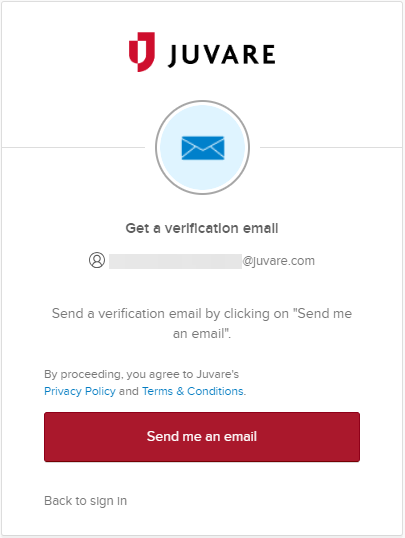 Juvare "Get a verification email" screen.