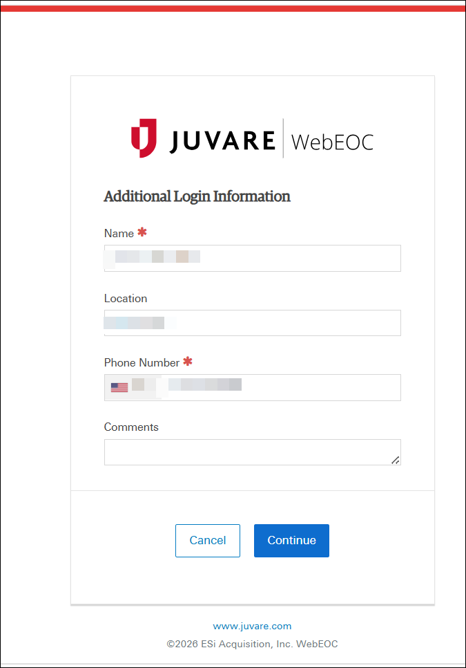 Additional Login Information page