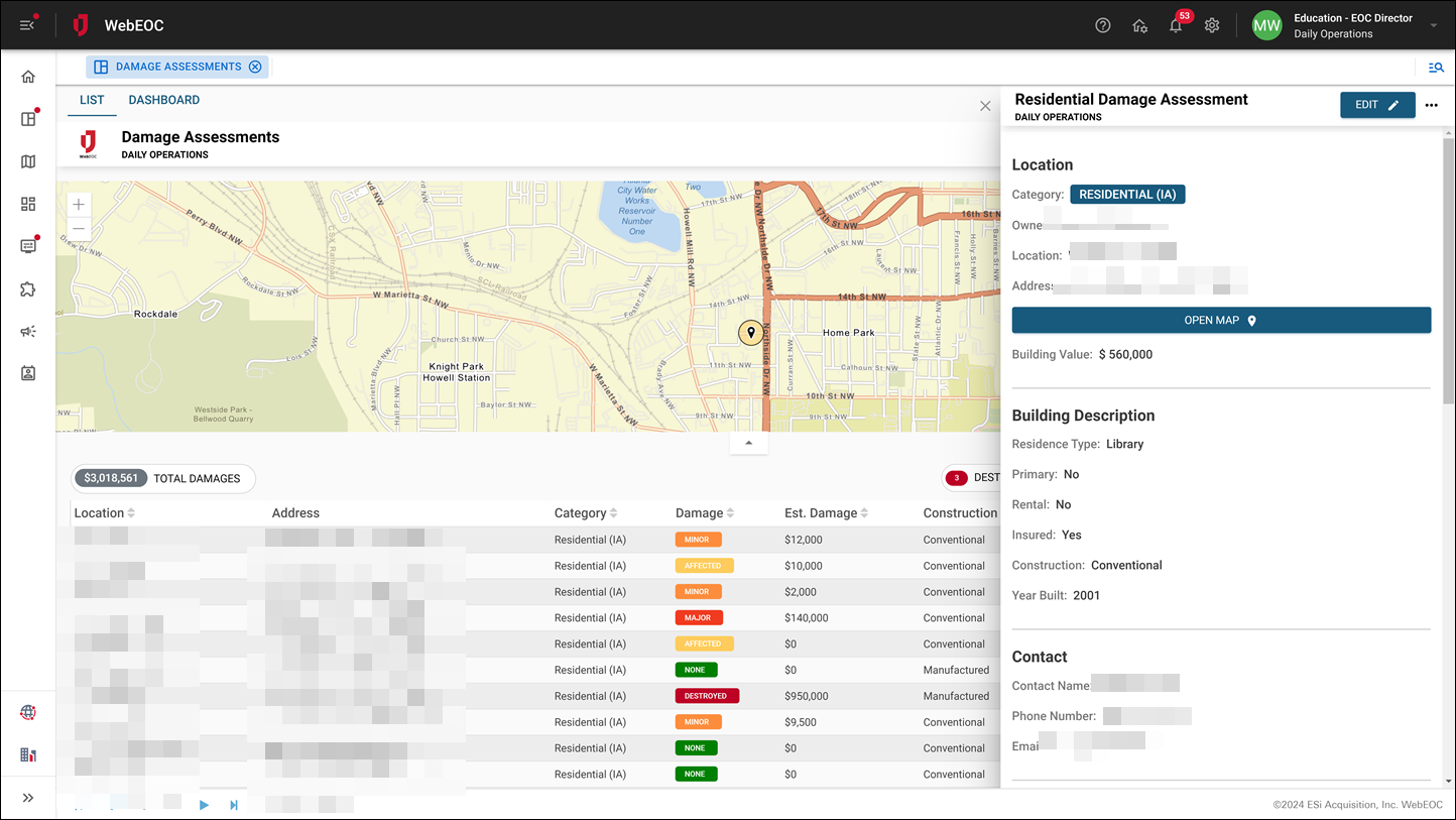Education Damage Assessments Panel and Map