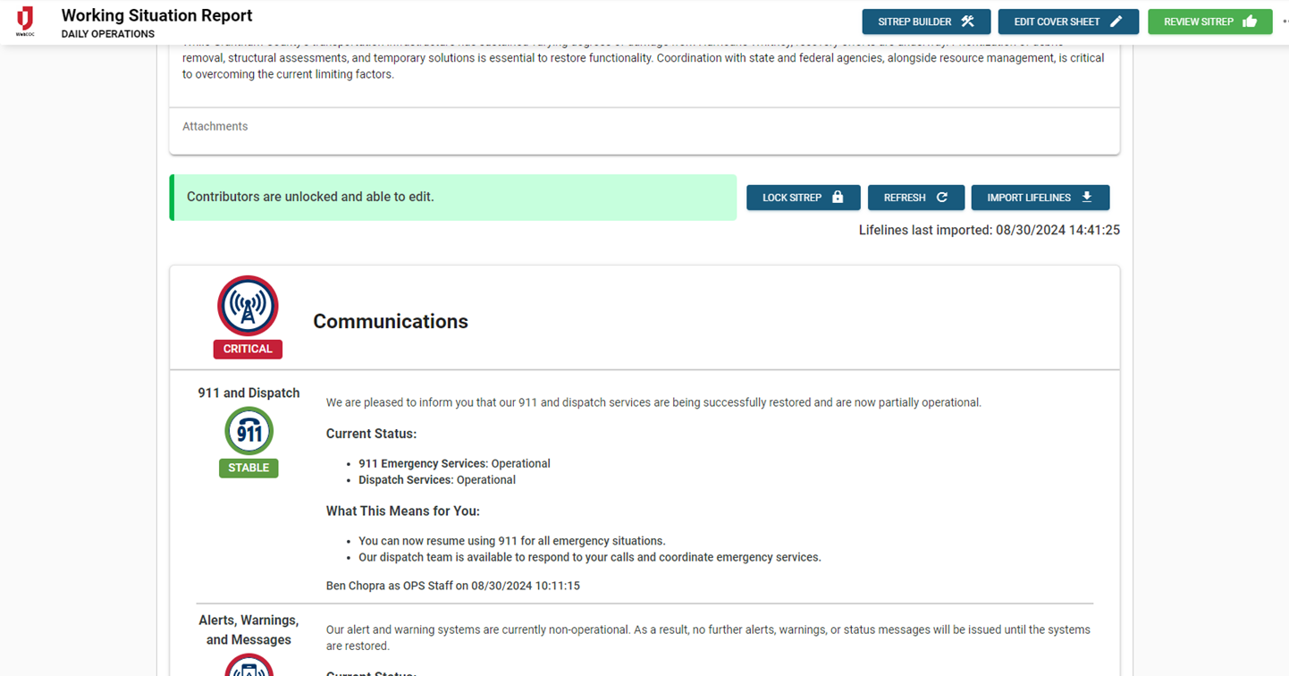 Situation Report with Community Lifelines - Working Situation Report