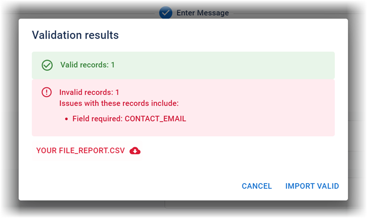The Validation results dialog showing 1 valid record and 1 invalid record warning.