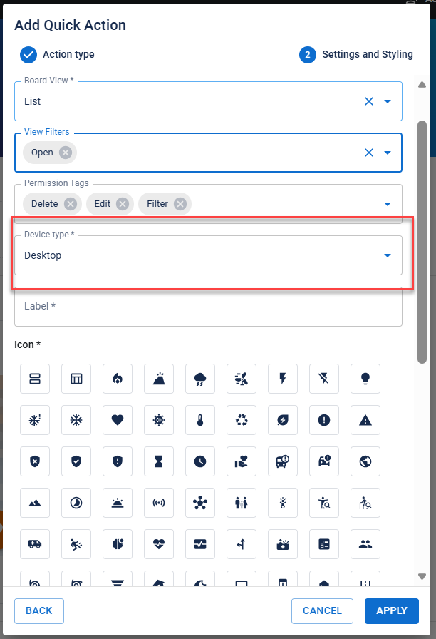 Set Device type for essential boards and quick actions