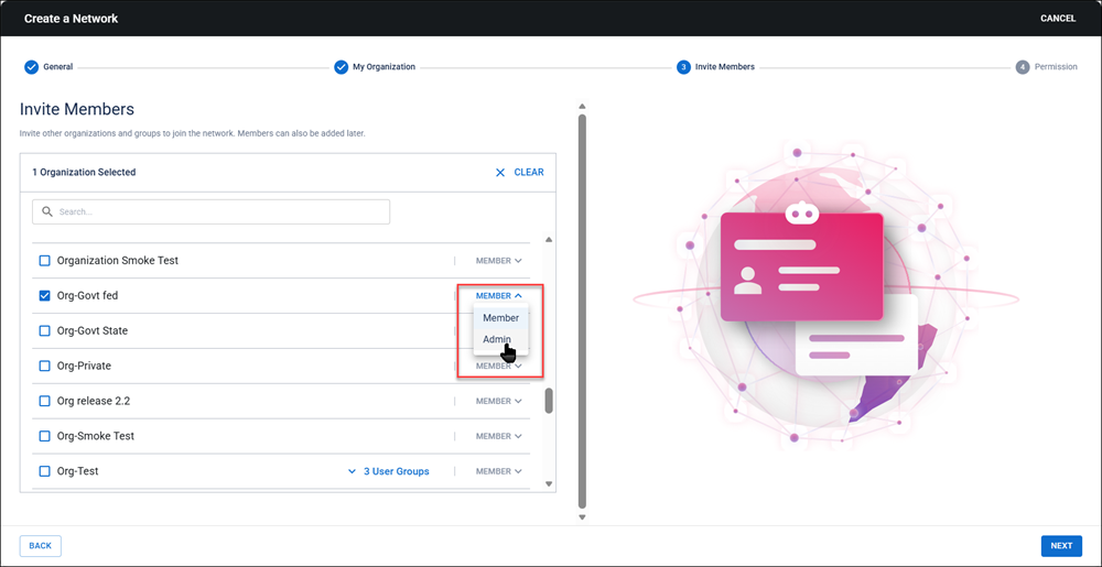 Create network wizard add org as admin option